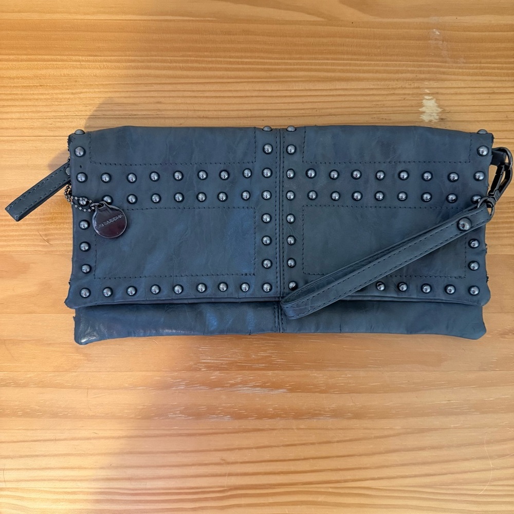 Big Buddha Grey Studded Fold Over Clutch Zipper & Magnetic Closure